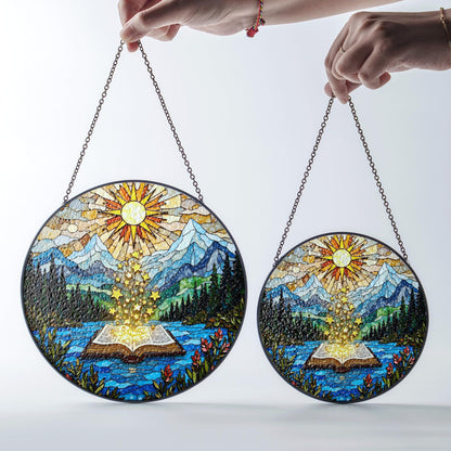 Open Book and Sun Rays Stained Glass Suncatcher Window Hanging Nature Gift for Teachers