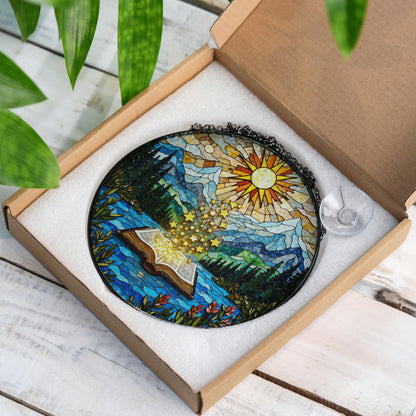 Open Book and Sun Rays Stained Glass Suncatcher Window Hanging Nature Gift for Teachers