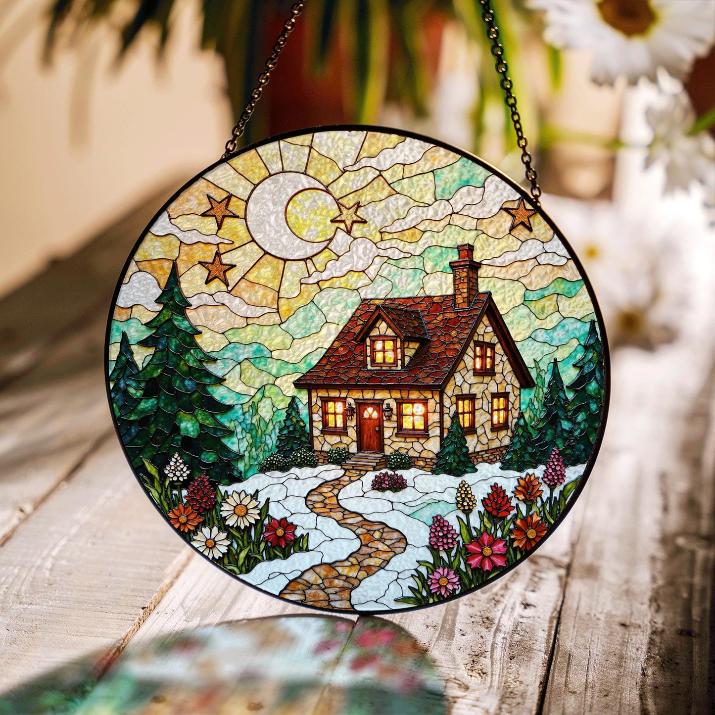 Cozy cabin winter night forest scene stained glass suncatcher window hanging Christmas gift
