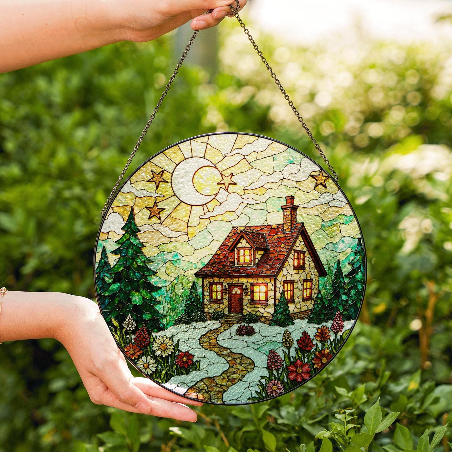 Cozy cabin winter night forest scene stained glass suncatcher window hanging Christmas gift