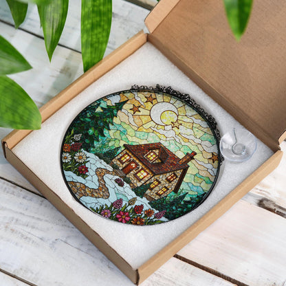 Cozy cabin winter night forest scene stained glass suncatcher window hanging Christmas gift