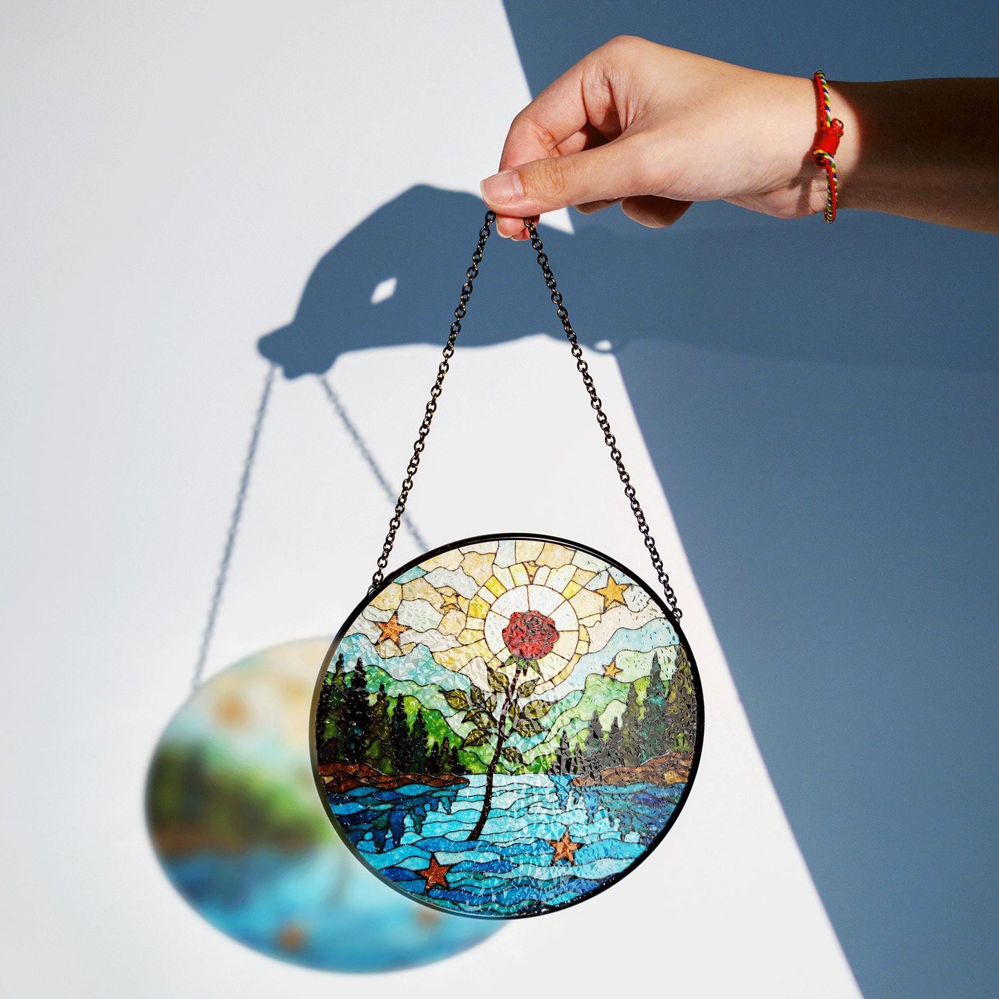 Red rose forest river stained glass round suncatcher window hanging nature decor gift for her birthday