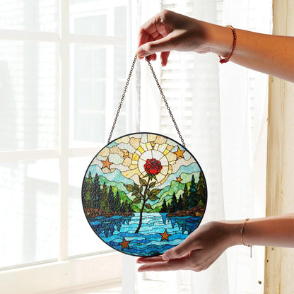 Red rose forest river stained glass round suncatcher window hanging nature decor gift for her birthday