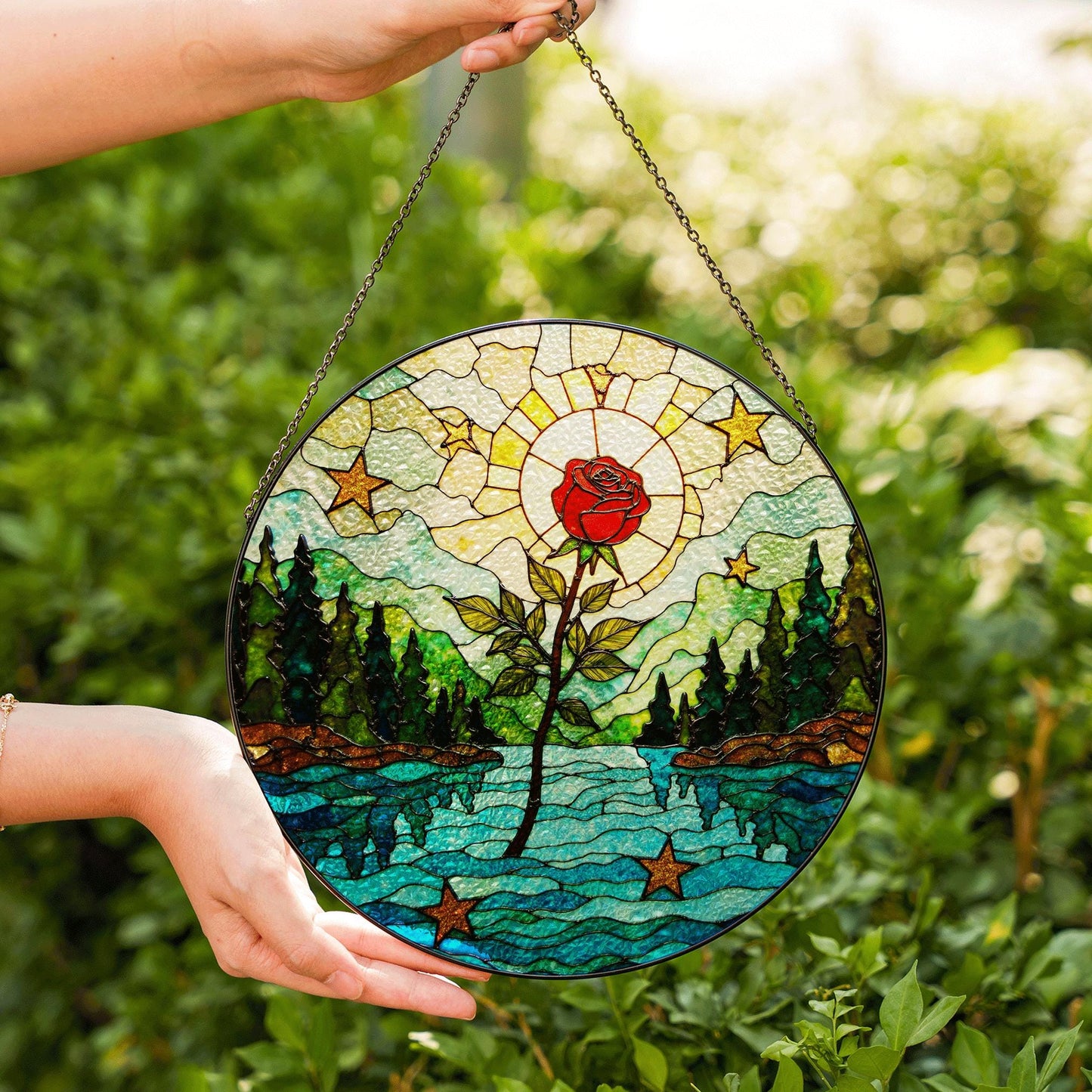 Red rose forest river stained glass round suncatcher window hanging nature decor gift for her birthday