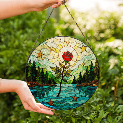 Red rose forest river stained glass round suncatcher window hanging nature decor gift for her birthday