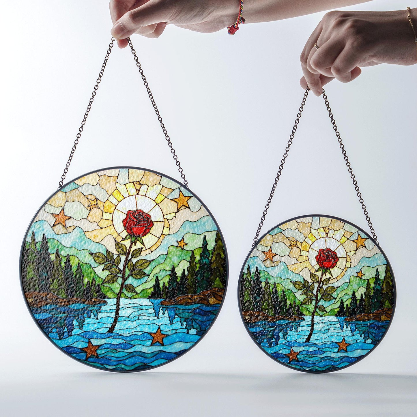 Red rose forest river stained glass round suncatcher window hanging nature decor gift for her birthday
