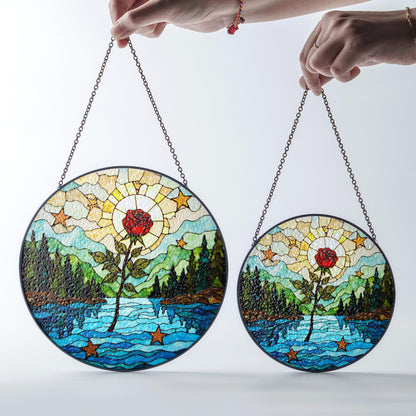 Red rose forest river stained glass round suncatcher window hanging nature decor gift for her birthday