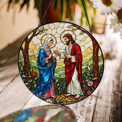 Jesus and Mary stained glass suncatcher religious window decor Easter Christian gift