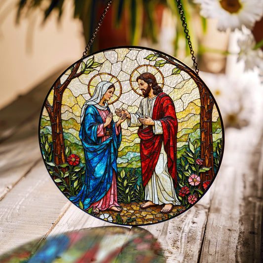 Jesus and Mary stained glass suncatcher religious window decor Easter Christian gift