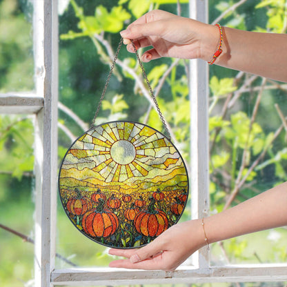 Glowing Pumpkin Field Suncatcher Autumn Window Decor Halloween Gift for Mom or Fall Lovers