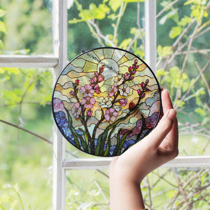 Pink flower stained glass round suncatcher window decor spring gift