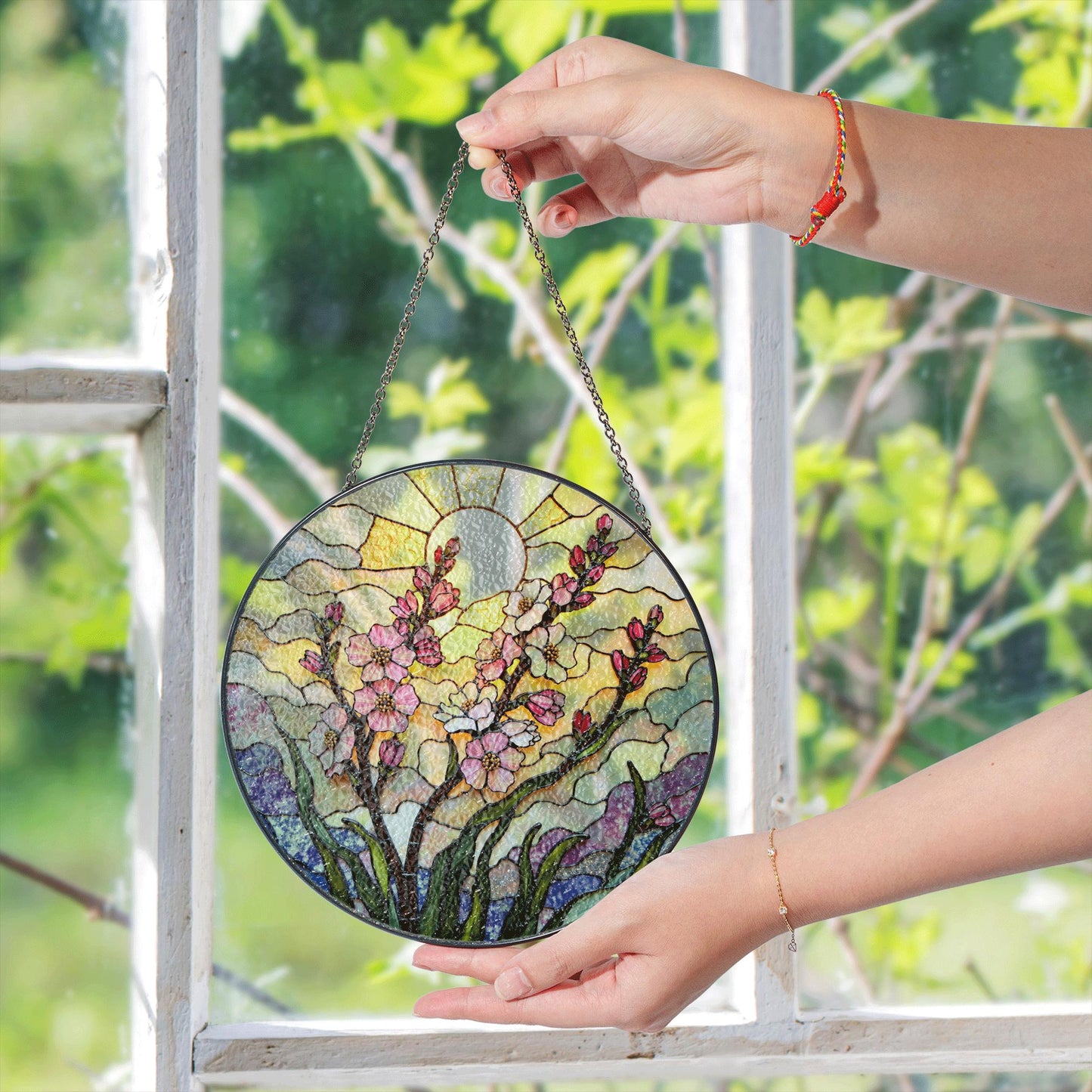 Pink flower stained glass round suncatcher window decor spring gift