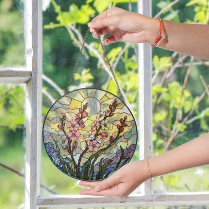 Pink flower stained glass round suncatcher window decor spring gift