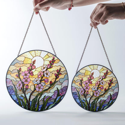 Pink flower stained glass round suncatcher window decor spring gift