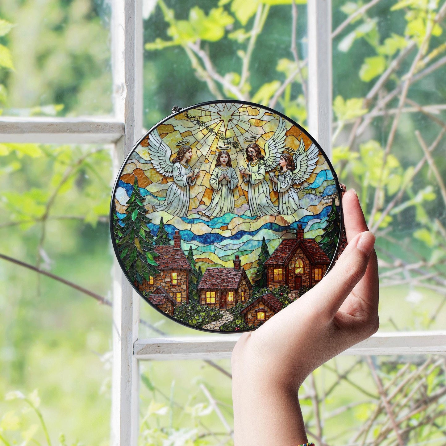 Stained Glass Angel Choir Over Cozy Village Christmas Window Suncatcher Gift for Mom Grandma or Religious Friend