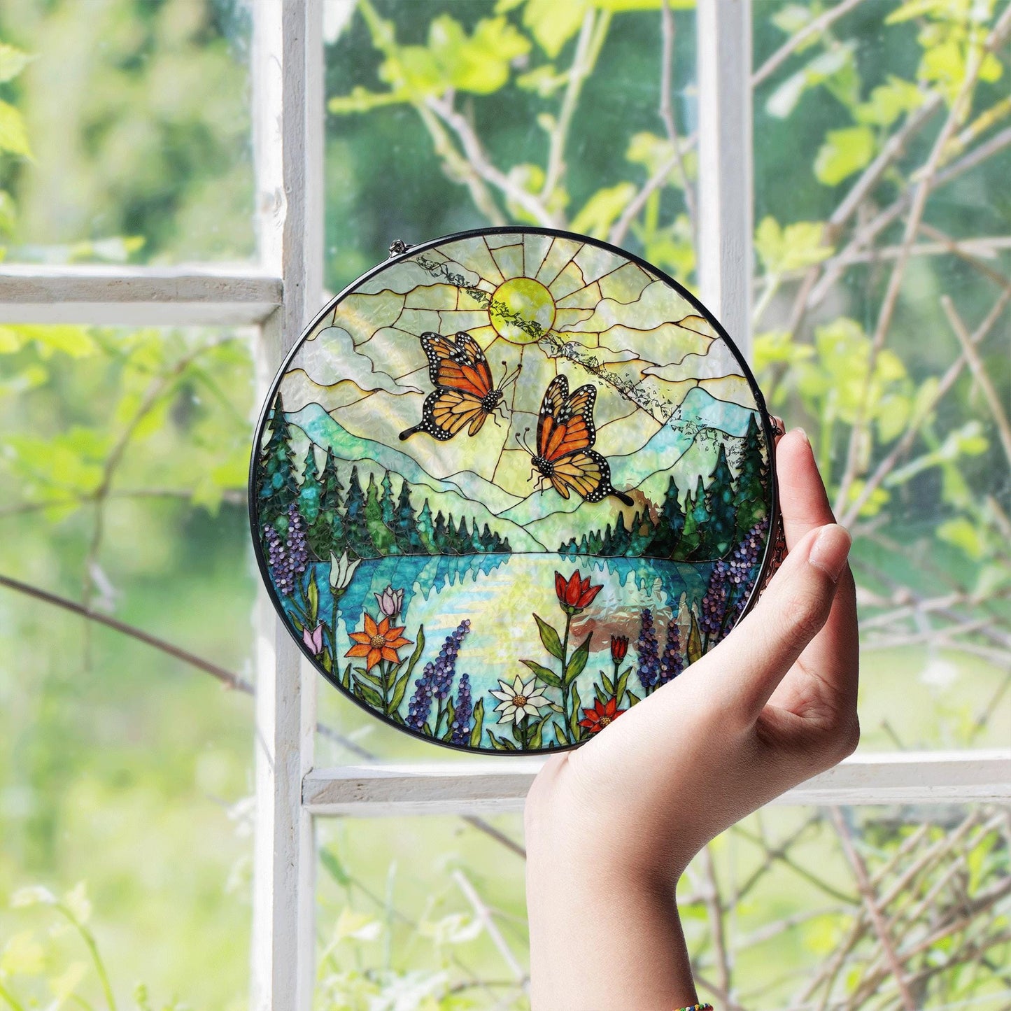 Monarch butterflies over lake and wildflowers round suncatcher nature window hanging gift for mom