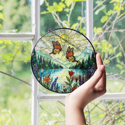 Monarch butterflies over lake and wildflowers round suncatcher nature window hanging gift for mom