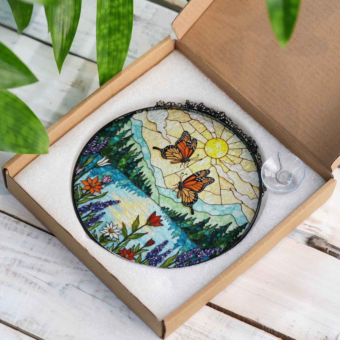 Monarch butterflies over lake and wildflowers round suncatcher nature window hanging gift for mom