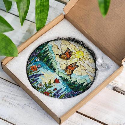 Monarch butterflies over lake and wildflowers round suncatcher nature window hanging gift for mom