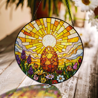Sunrise egg floral stained glass suncatcher spring decor Easter window hanging gift for mom or nature lover