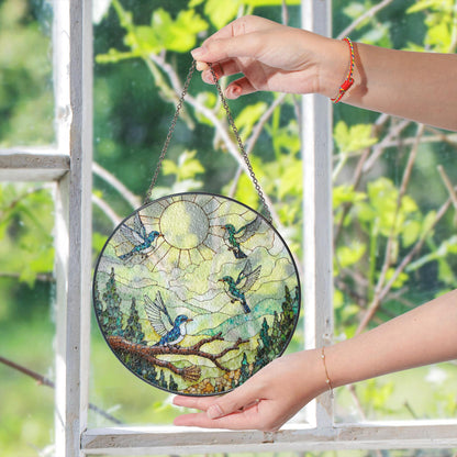 Colorful hummingbirds forest art glass suncatcher window hanging gift for mom birthday