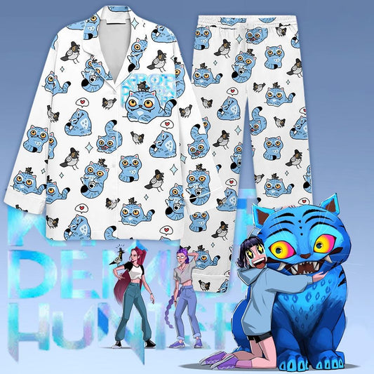 Kpop Demon Hunters Tiger Satin Pajama Set, Derpy the Tiger & Bird Sleepwear, Kpop Saja Boys Pajamas, Kpop Demon Hunter Shirt