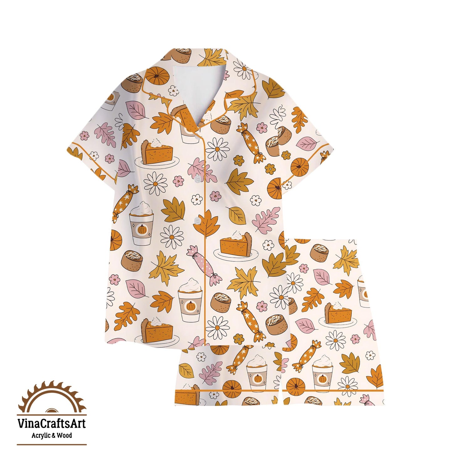 Fall Pajama Set – Pumpkin Spice & Autumn Leaves PJs, Cozy Thanksgiving Sleepwear, Cute Fall Loungewear for Women, Soft Pajamas Gift