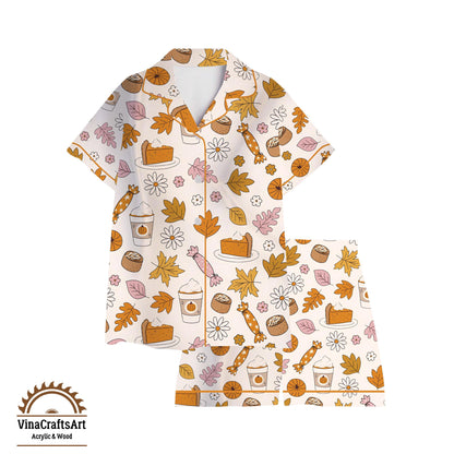 Fall Pajama Set – Pumpkin Spice & Autumn Leaves PJs, Cozy Thanksgiving Sleepwear, Cute Fall Loungewear for Women, Soft Pajamas Gift