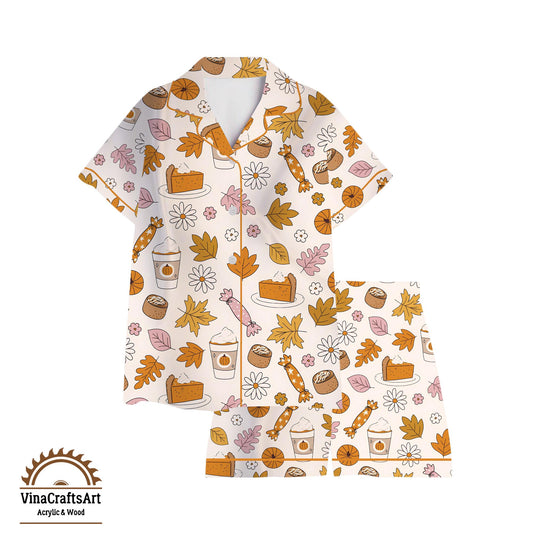 Fall Pajama Set – Pumpkin Spice & Autumn Leaves PJs, Cozy Thanksgiving Sleepwear, Cute Fall Loungewear for Women, Soft Pajamas Gift