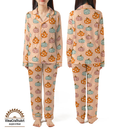 Pumpkin Pajama Set – Cute Fall PJs for Women, Pastel Halloween Sleepwear, Cozy Autumn Loungewear, Soft Pumpkin Print Gift