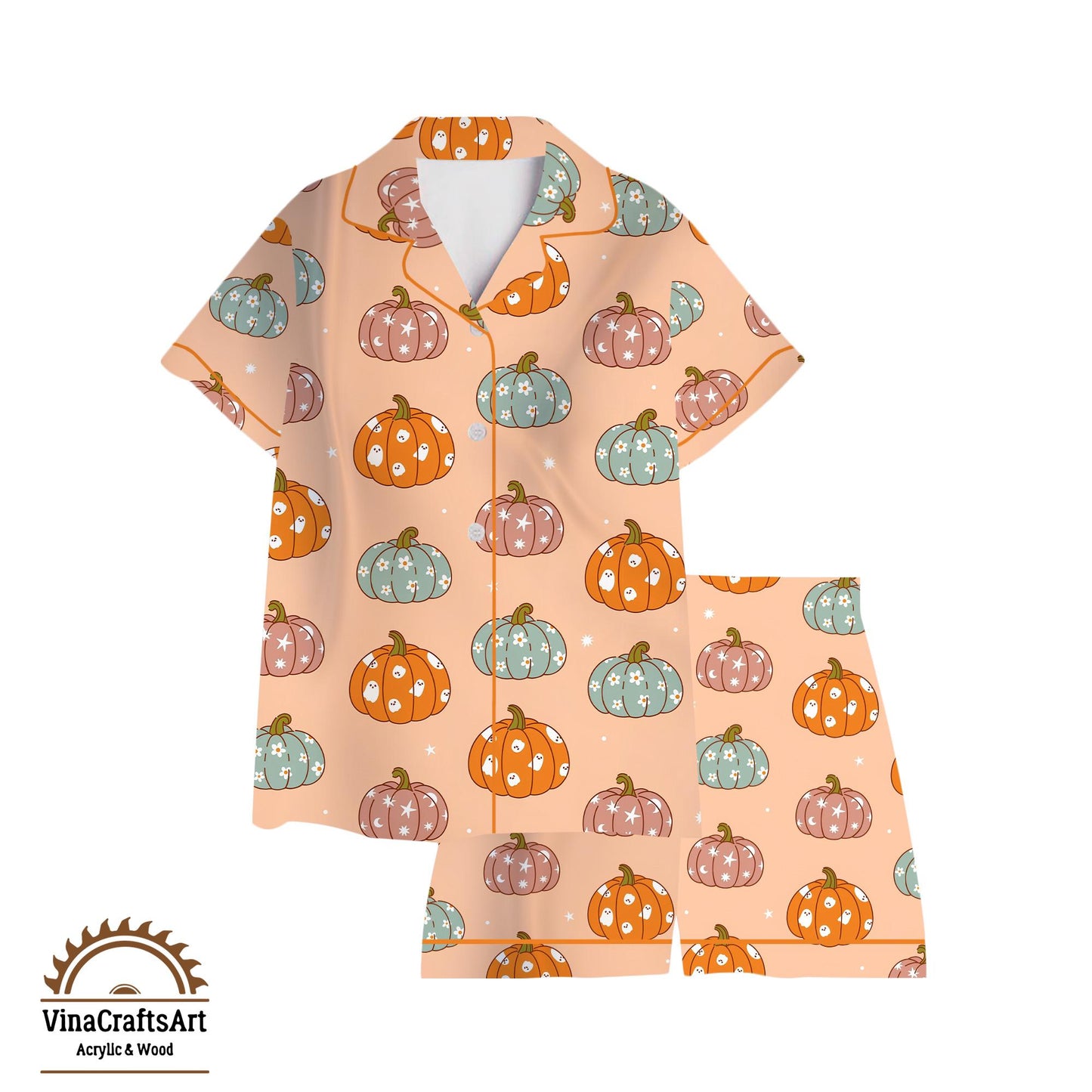 Pumpkin Pajama Set – Cute Fall PJs for Women, Pastel Halloween Sleepwear, Cozy Autumn Loungewear, Soft Pumpkin Print Gift