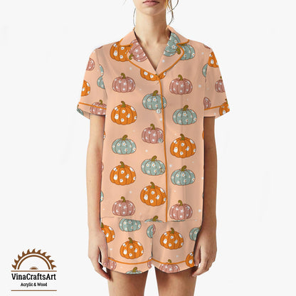 Pumpkin Pajama Set – Cute Fall PJs for Women, Pastel Halloween Sleepwear, Cozy Autumn Loungewear, Soft Pumpkin Print Gift
