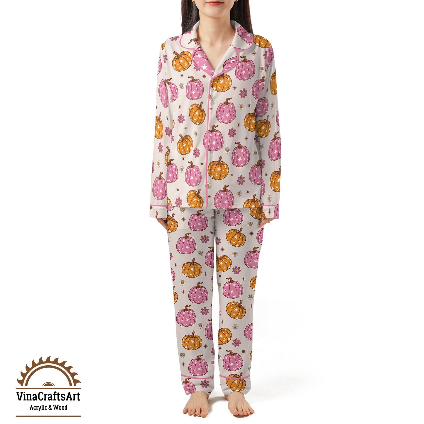 Pink Pumpkin Pajama Set – Cute Fall PJs for Women, Pastel Halloween Sleepwear, Cozy Autumn Loungewear, Soft Pumpkin Print Gift