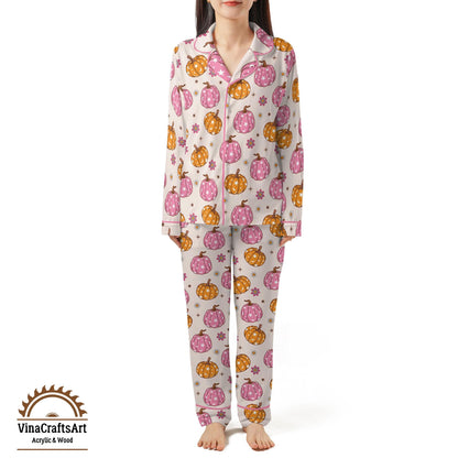 Pink Pumpkin Pajama Set – Cute Fall PJs for Women, Pastel Halloween Sleepwear, Cozy Autumn Loungewear, Soft Pumpkin Print Gift