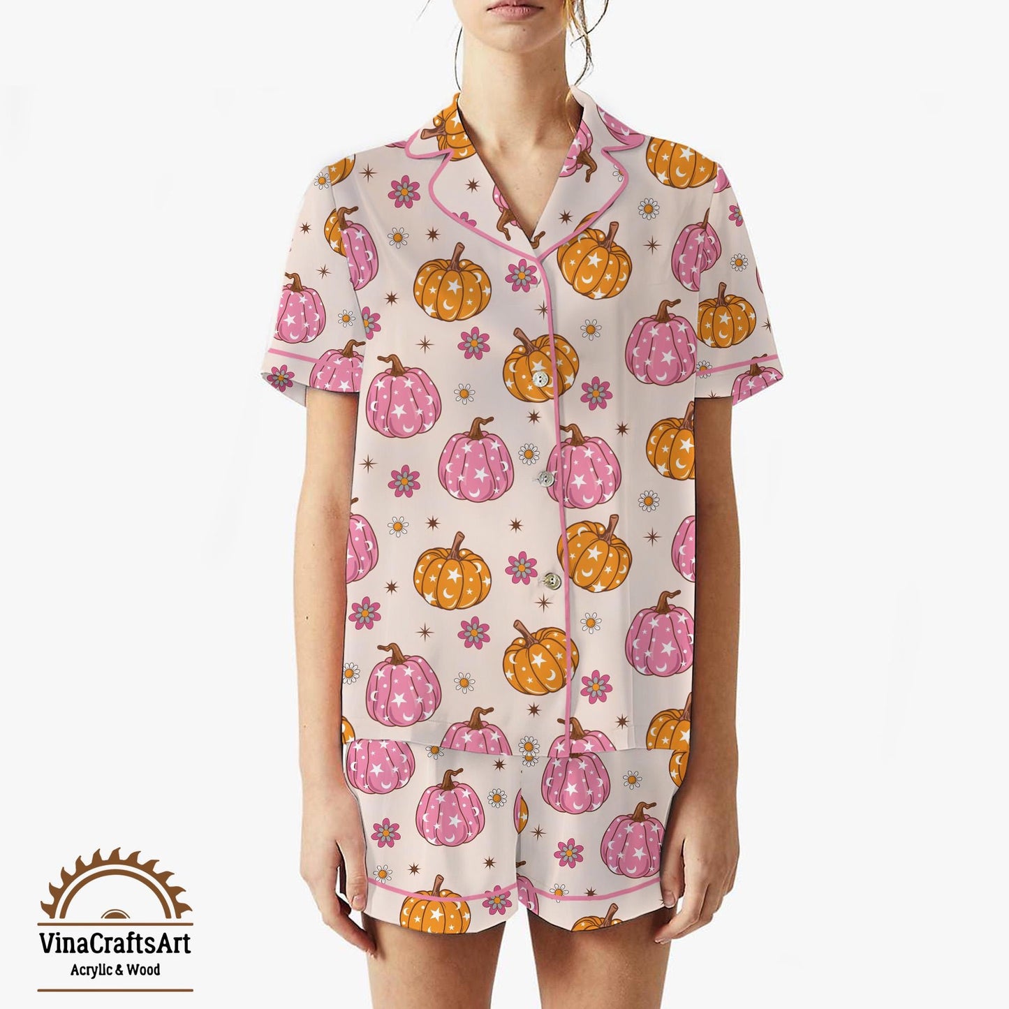 Pink Pumpkin Pajama Set – Cute Fall PJs for Women, Pastel Halloween Sleepwear, Cozy Autumn Loungewear, Soft Pumpkin Print Gift