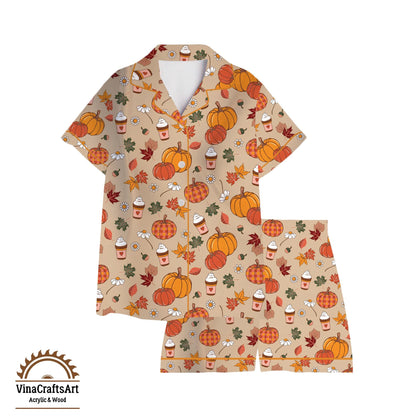 Pumpkin Spice Pajama Set – Cute Fall PJs for Women, Autumn Leaves & Latte Print Sleepwear, Cozy Thanksgiving Loungewear Gift
