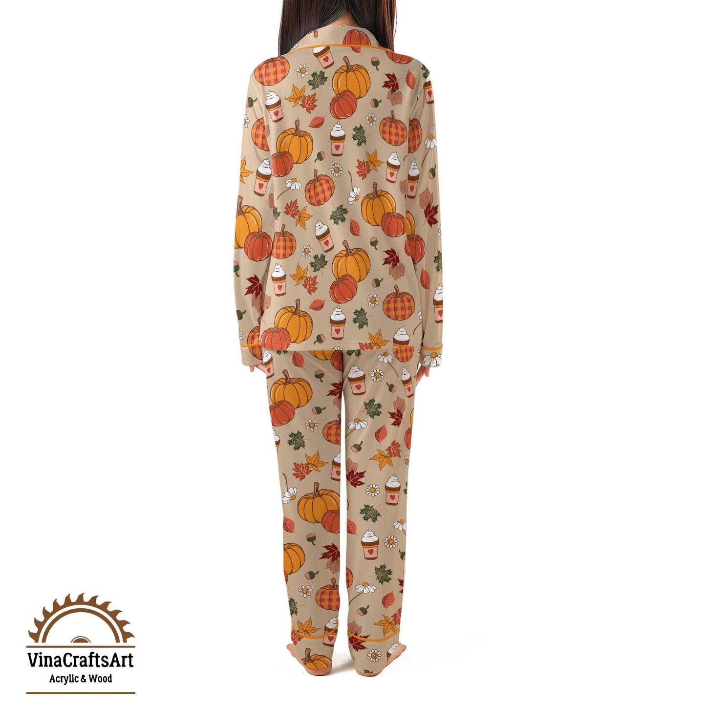 Pumpkin Spice Pajama Set – Cute Fall PJs for Women, Autumn Leaves & Latte Print Sleepwear, Cozy Thanksgiving Loungewear Gift