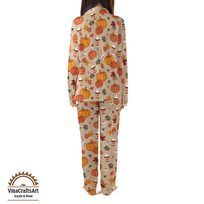 Pumpkin Spice Pajama Set – Cute Fall PJs for Women, Autumn Leaves & Latte Print Sleepwear, Cozy Thanksgiving Loungewear Gift