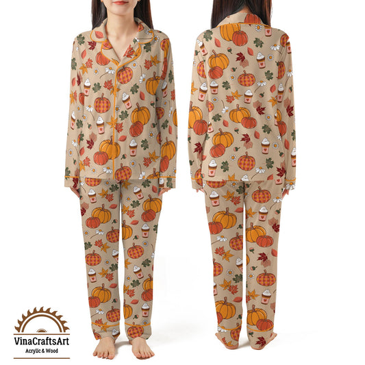 Pumpkin Spice Pajama Set – Cute Fall PJs for Women, Autumn Leaves & Latte Print Sleepwear, Cozy Thanksgiving Loungewear Gift