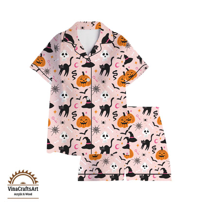 Halloween Pajama Set – Cute Pastel Spooky PJs with Black Cats, Skulls & Pumpkins, Cozy Fall Sleepwear, Women’s Halloween Gift