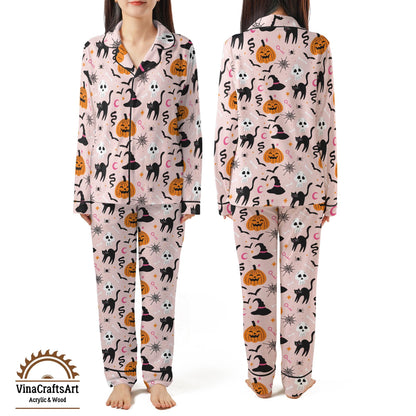 Halloween Pajama Set – Cute Pastel Spooky PJs with Black Cats, Skulls & Pumpkins, Cozy Fall Sleepwear, Women’s Halloween Gift