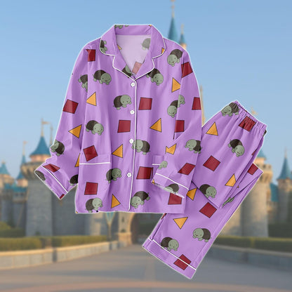 Cute Turtle Long Pajamas Set, Purple Geometric Cartoon Nightwear, Zoey’s Turtle Print Sleepwear,  Cozy Animal Pajamas For Women Gift