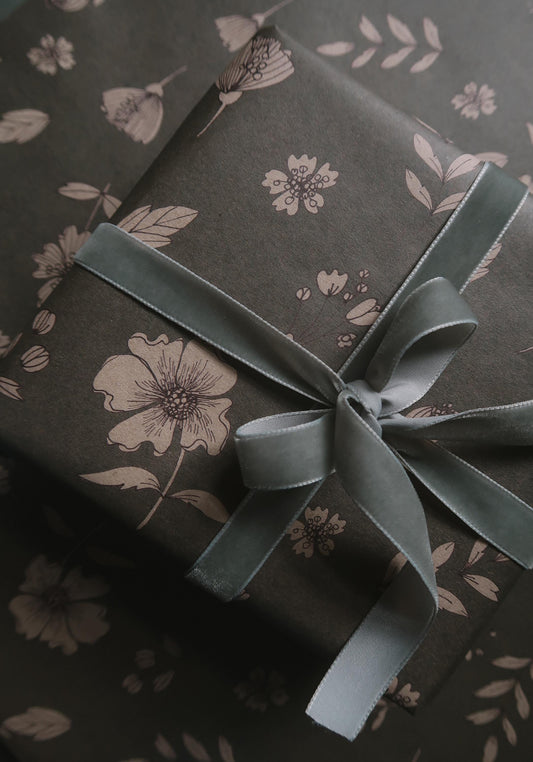 Florals on gray blue kraft Wrapping paper,Gift Wrap, Wrapping, Floral Gift Warp,natural paper,gift paper, floral wrapping,recycled paper
