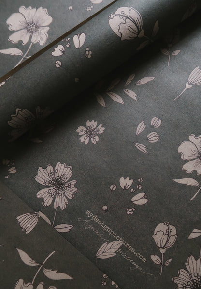 Florals on gray blue kraft Wrapping paper,Gift Wrap, Wrapping, Floral Gift Warp,natural paper,gift paper, floral wrapping,recycled paper
