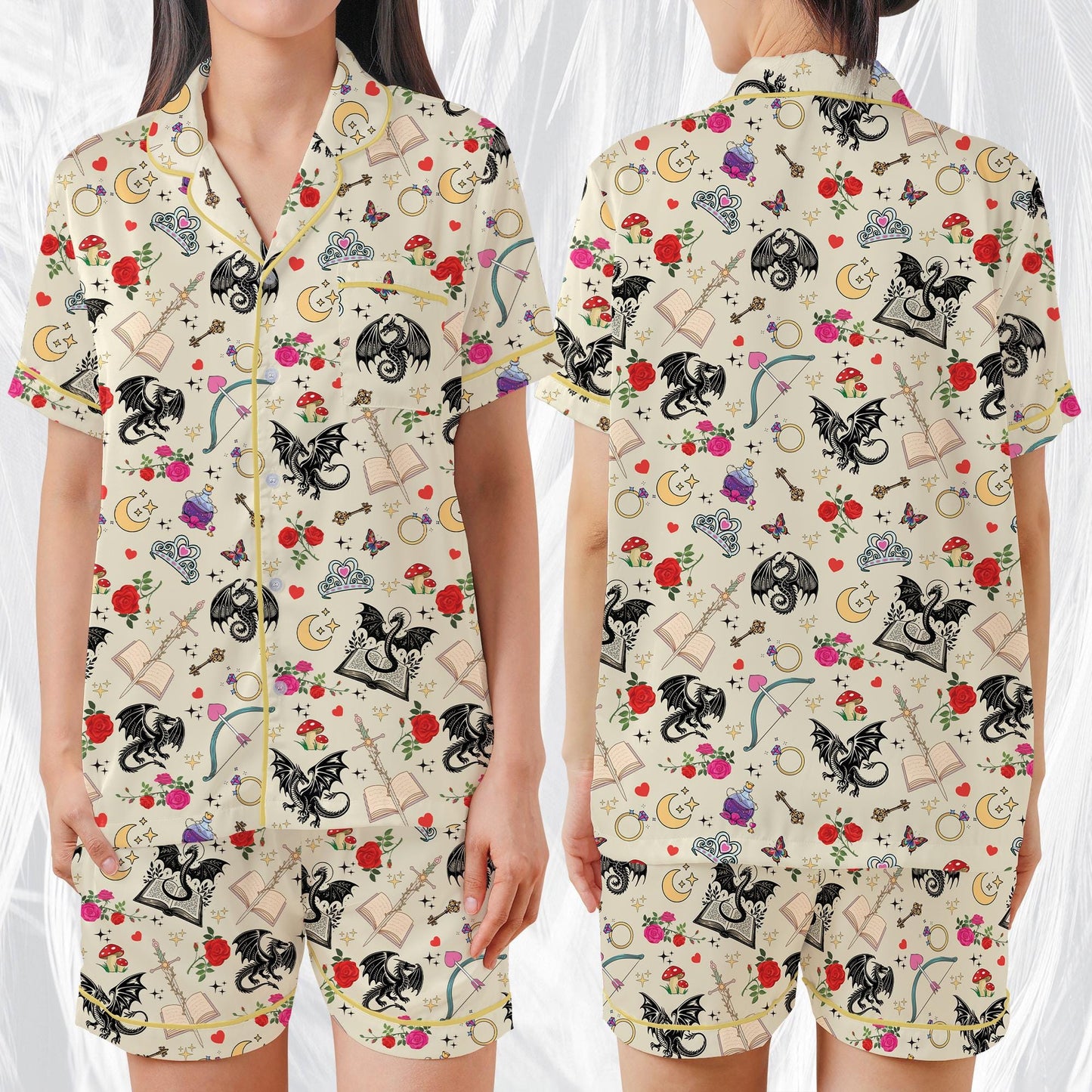 Romantasy Dragon Pajamas Set, Cute Bookish Sleepwear, Retro Fantasy Reader Home Wear Pajama Set, Girl Enemies To Lovers Reading Gift