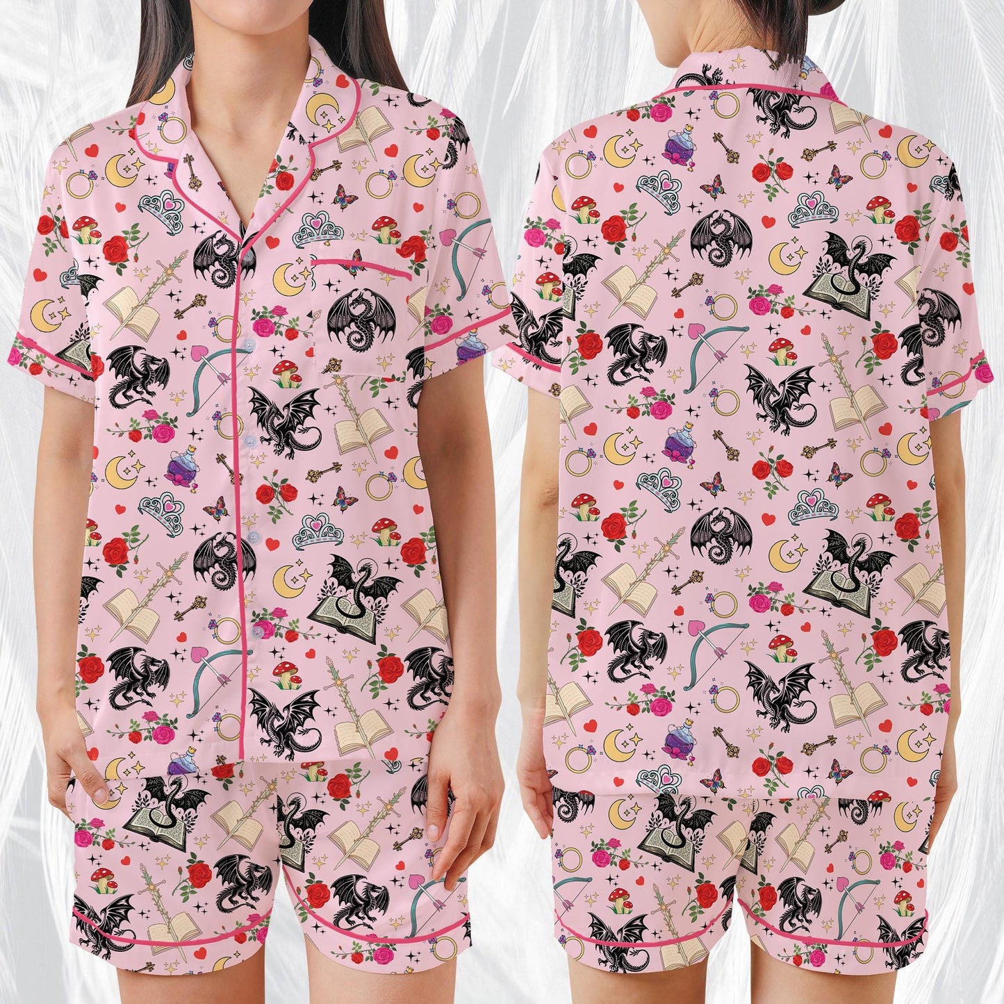 Romantasy Dragon Pajamas Set, Cute Bookish Sleepwear, Retro Fantasy Reader Home Wear Pajama Set, Girl Enemies To Lovers Reading Gift