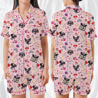 Romantasy Dragon Pajamas Set, Cute Bookish Sleepwear, Retro Fantasy Reader Home Wear Pajama Set, Girl Enemies To Lovers Reading Gift