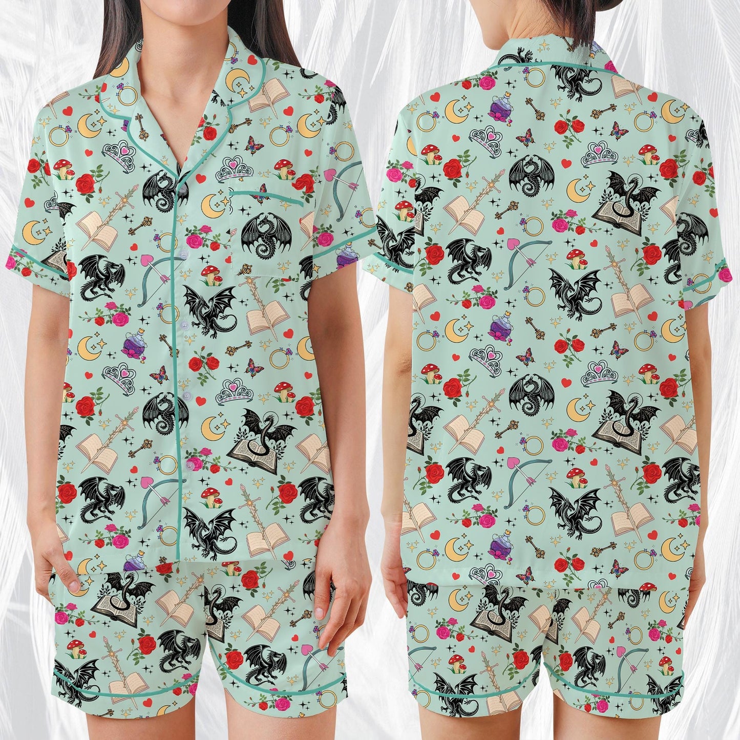 Romantasy Dragon Pajamas Set, Cute Bookish Sleepwear, Retro Fantasy Reader Home Wear Pajama Set, Girl Enemies To Lovers Reading Gift