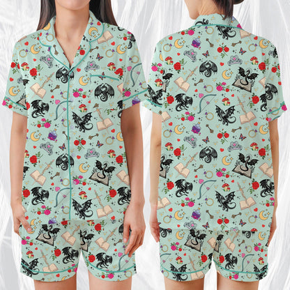 Romantasy Dragon Pajamas Set, Cute Bookish Sleepwear, Retro Fantasy Reader Home Wear Pajama Set, Girl Enemies To Lovers Reading Gift