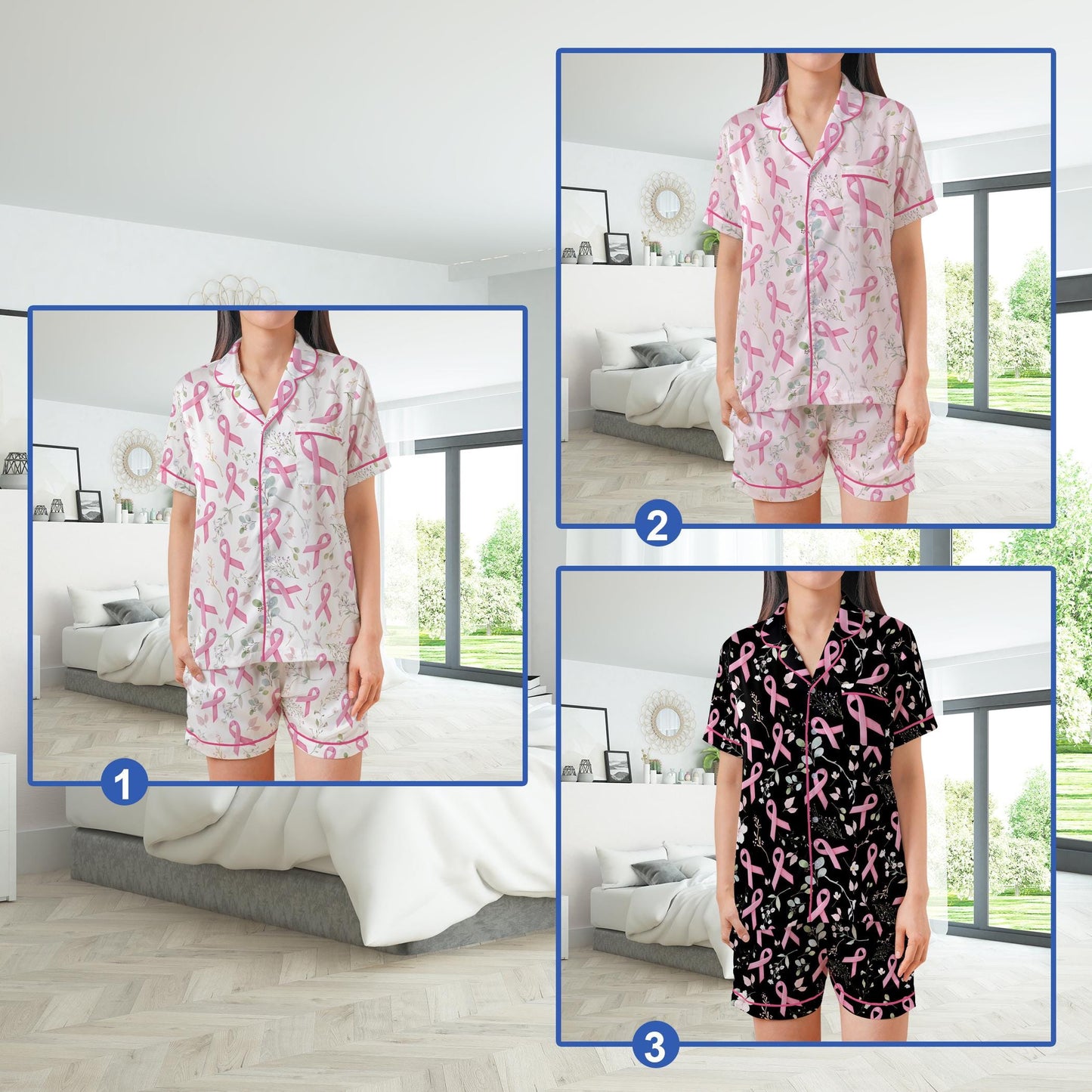 Breast Cancer Satin Pajamas Set, Wear Pink In October Pajama Set, Pink Ribbon Sleepwear, Floral Breast Cancer Support Gift for Fighter